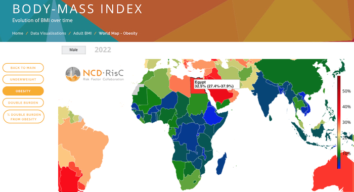 Mappa dell' obesità maschile in Africa (Courtesy NCD-RisC)